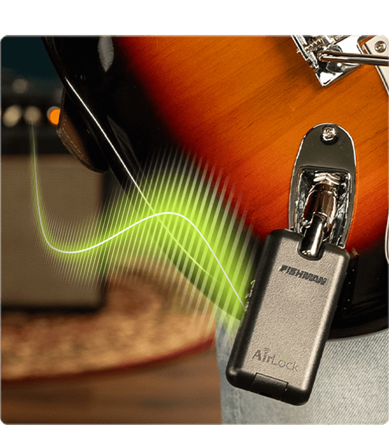 Wireless system transmitter on guitar and receiver on amp with a wifi signal illustrated between them